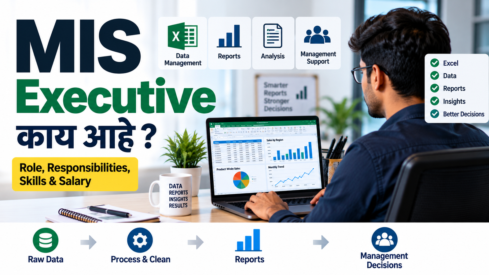 MIS Executive working on Excel reports, data analysis and management dashboard