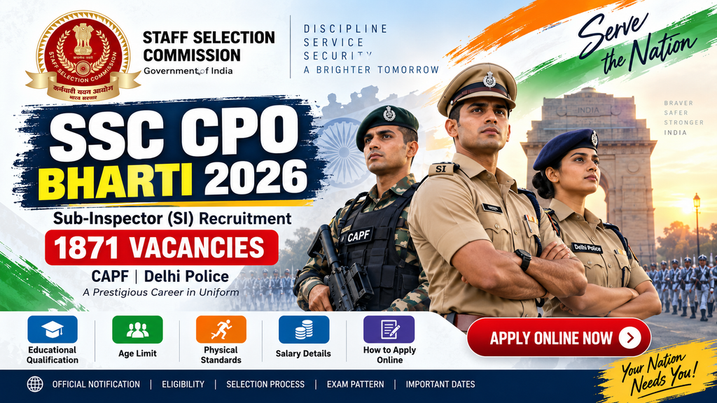 SSC CPO Bharti 2026 Sub-Inspector recruitment for CAPF and Delhi Police with 1871 vacancies